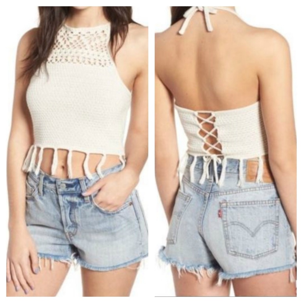 Crochet Boho Halter Top With Fringe NWT